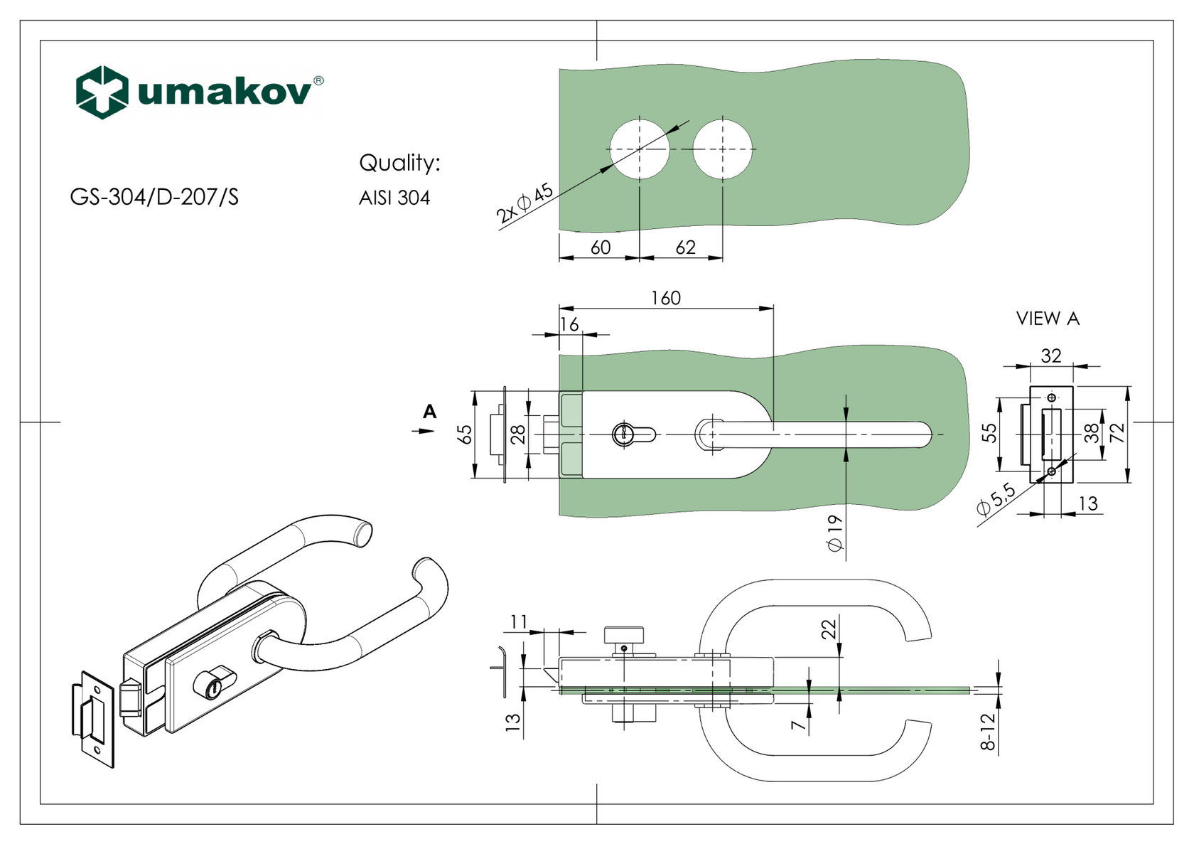 Rozsdamentes zárszerkezet üvegajtóhoz PZ