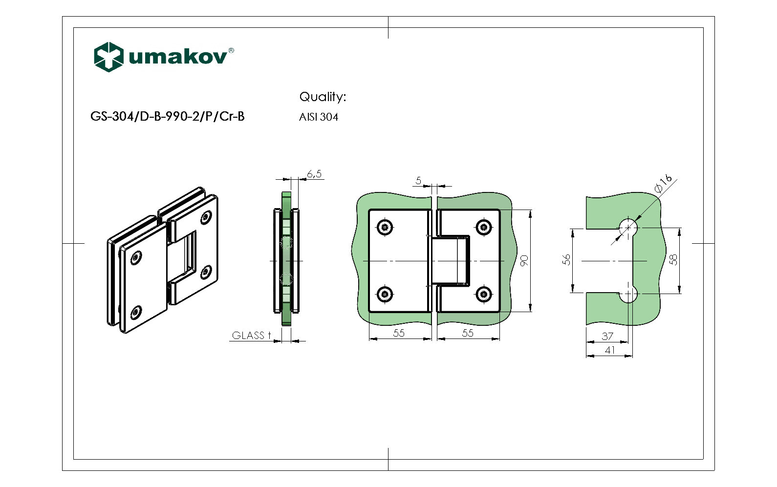 Rozsdamentes zsanér üvegajtóra/üvegfalra AISI304,