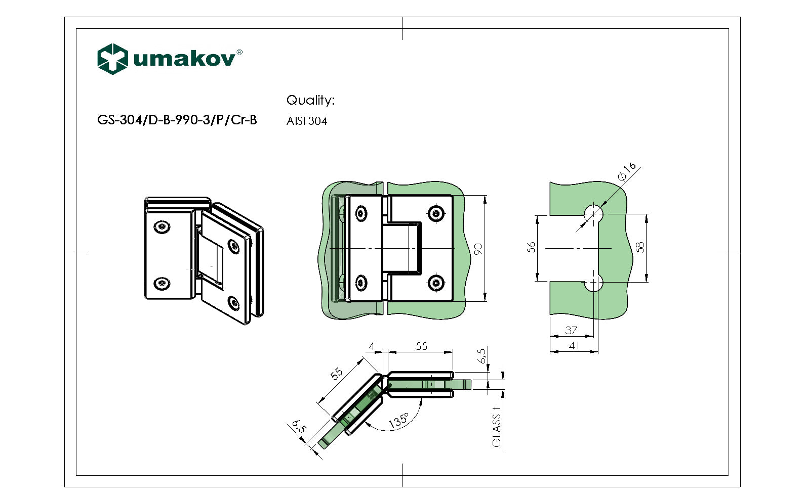 Rozsdamentes zsanér üvegajtóra/üvegfalra 135°-ba