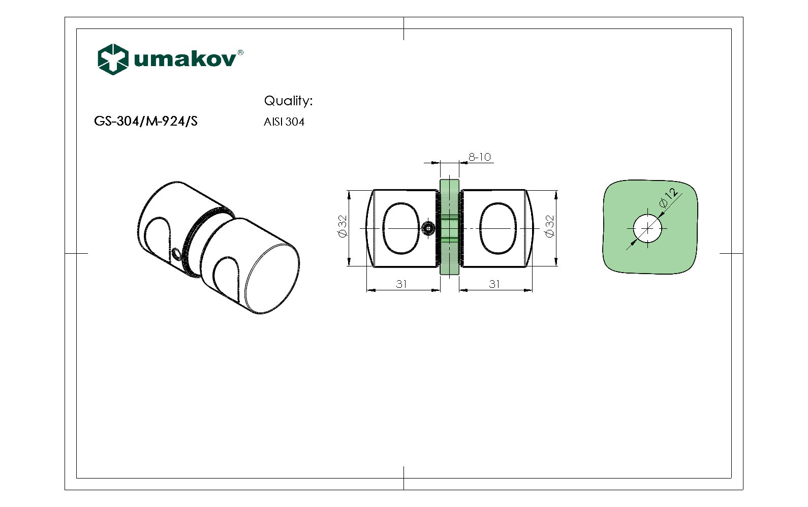 Rozdamentes nyitó gombfogantyú-üvegajtóra AISI 304