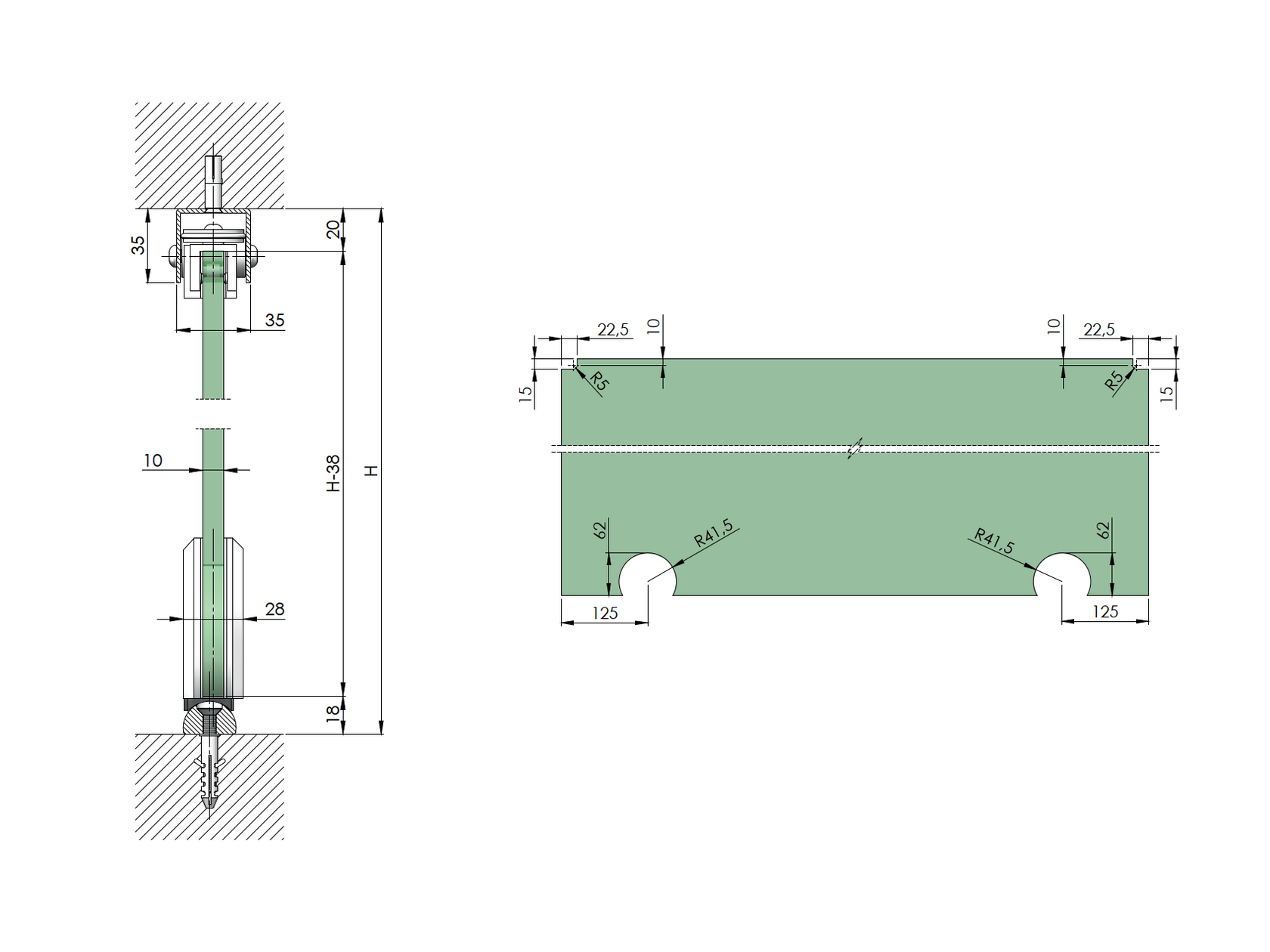 Toló üvegajtó vasalat - rozsdamentes profilban
