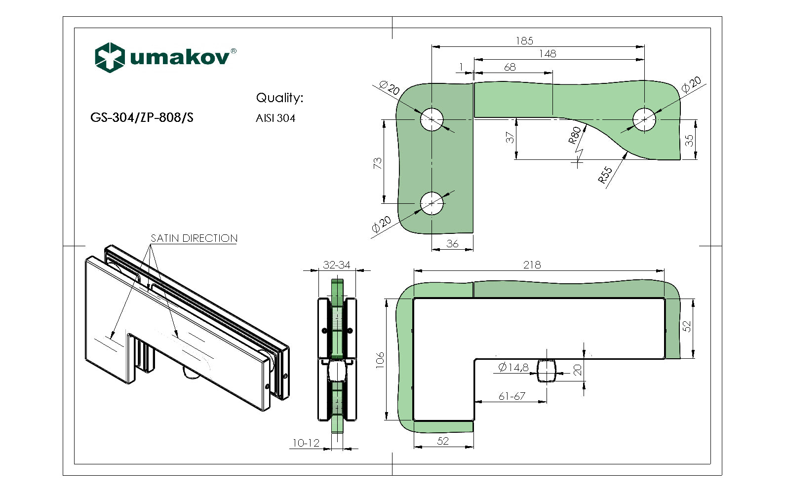 Szárnyas üvegajtó felső pánt tartó AISI 304, 218x1