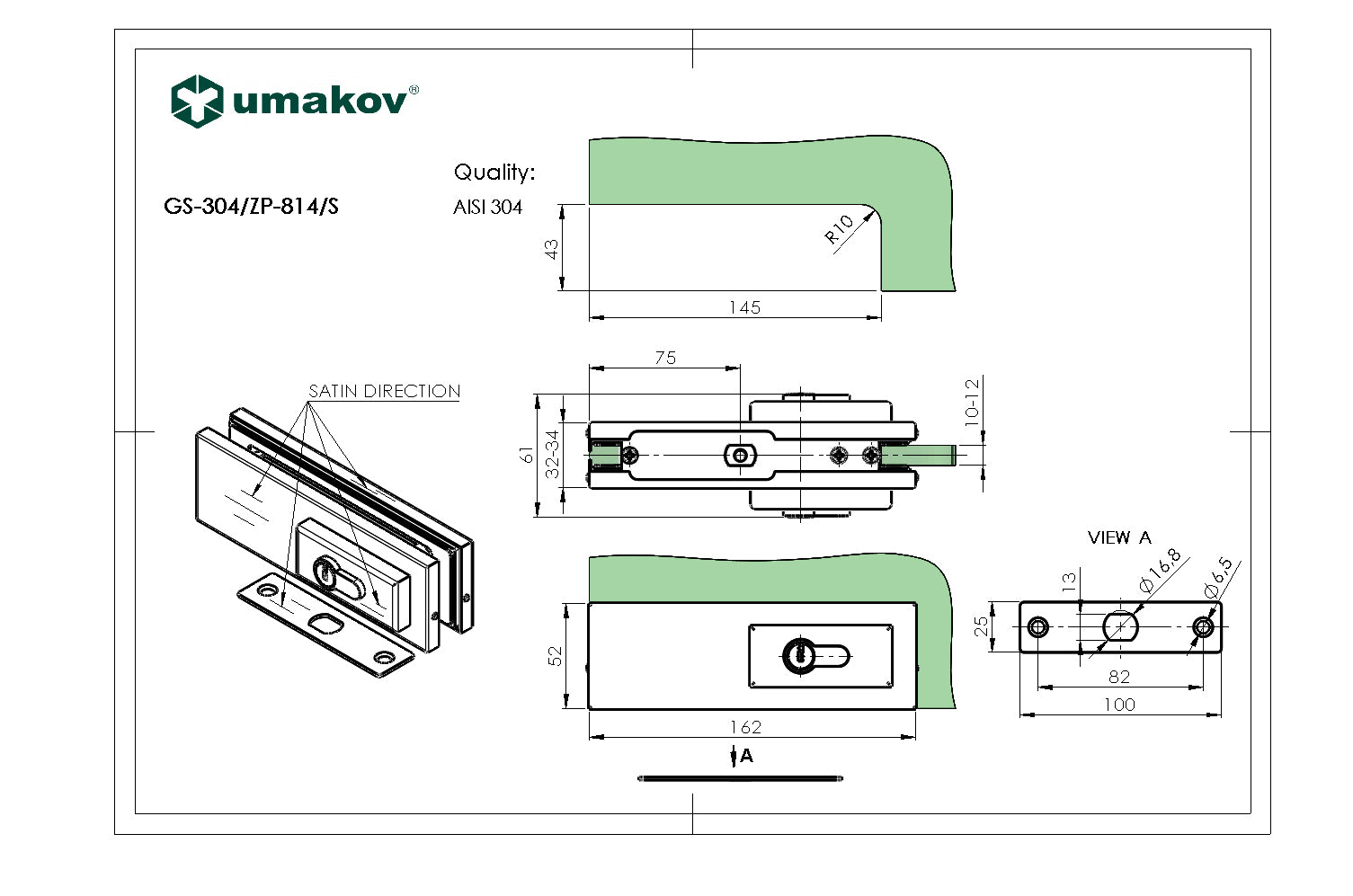 Alsó biztonsági zárvasalat üvegajtóhoz AISI 304