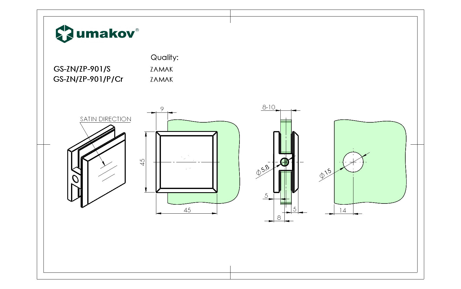 Pont üvegtartó, Zamak, 45x45x20/T 8-10 mm