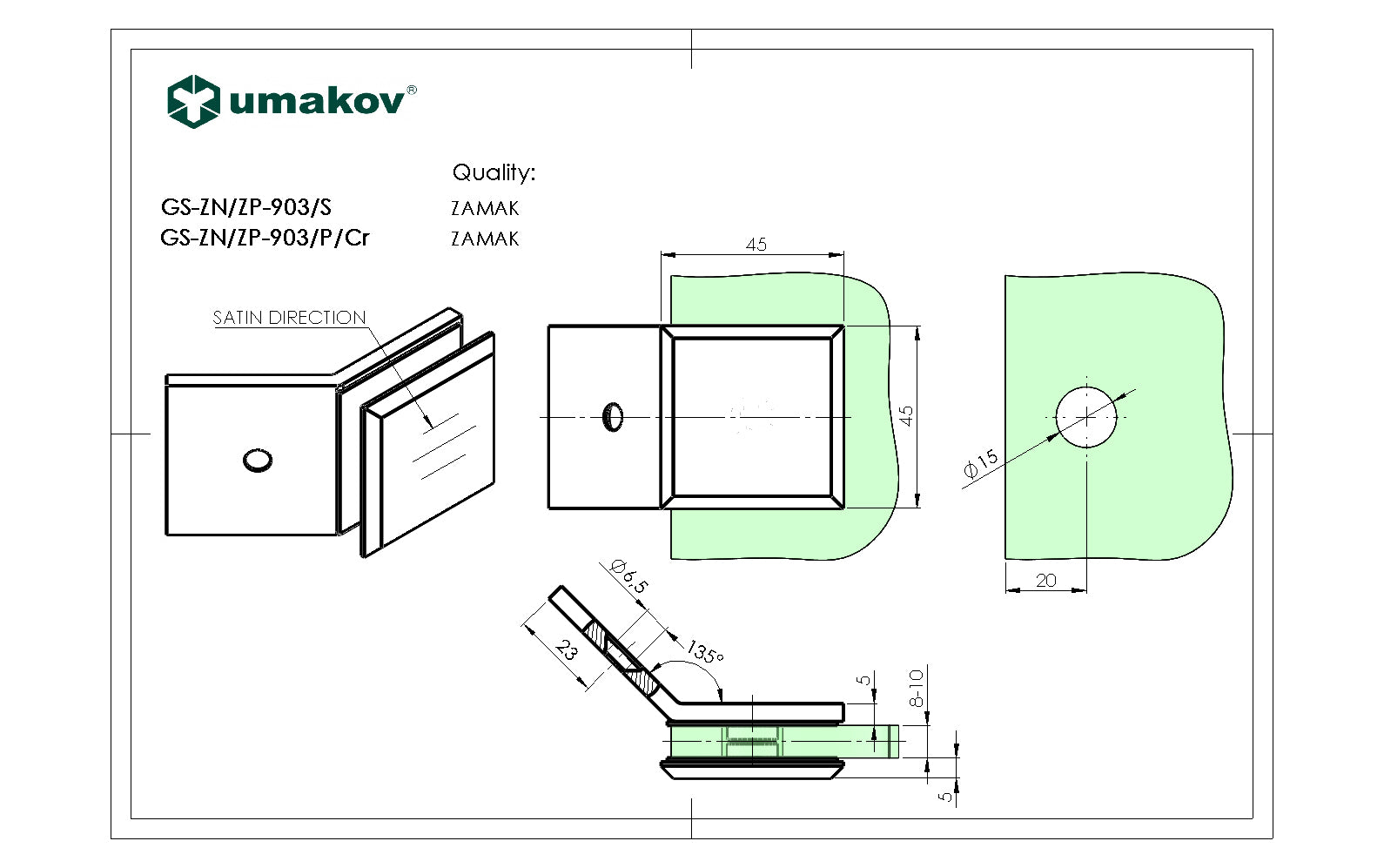 Pont üvegtartó, Zamak, 135°, T 8-10 mm