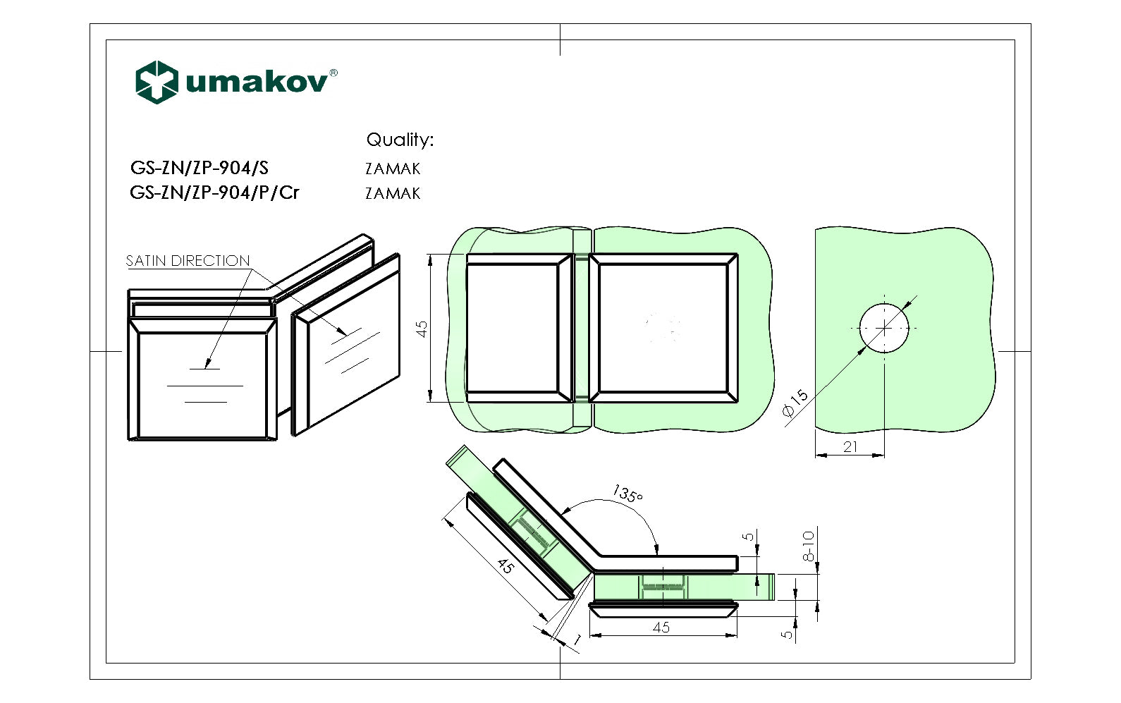 Pont üvegtartó, Zamak, 135°, T 8-10 mm