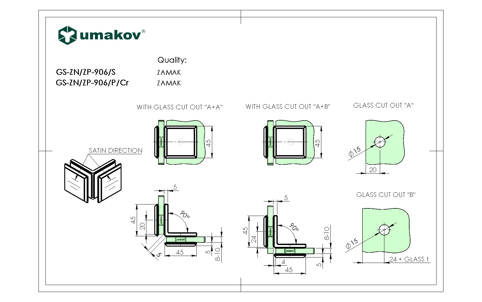 Pont üvegtartó, Zamak, 90°, T 8-10 mm