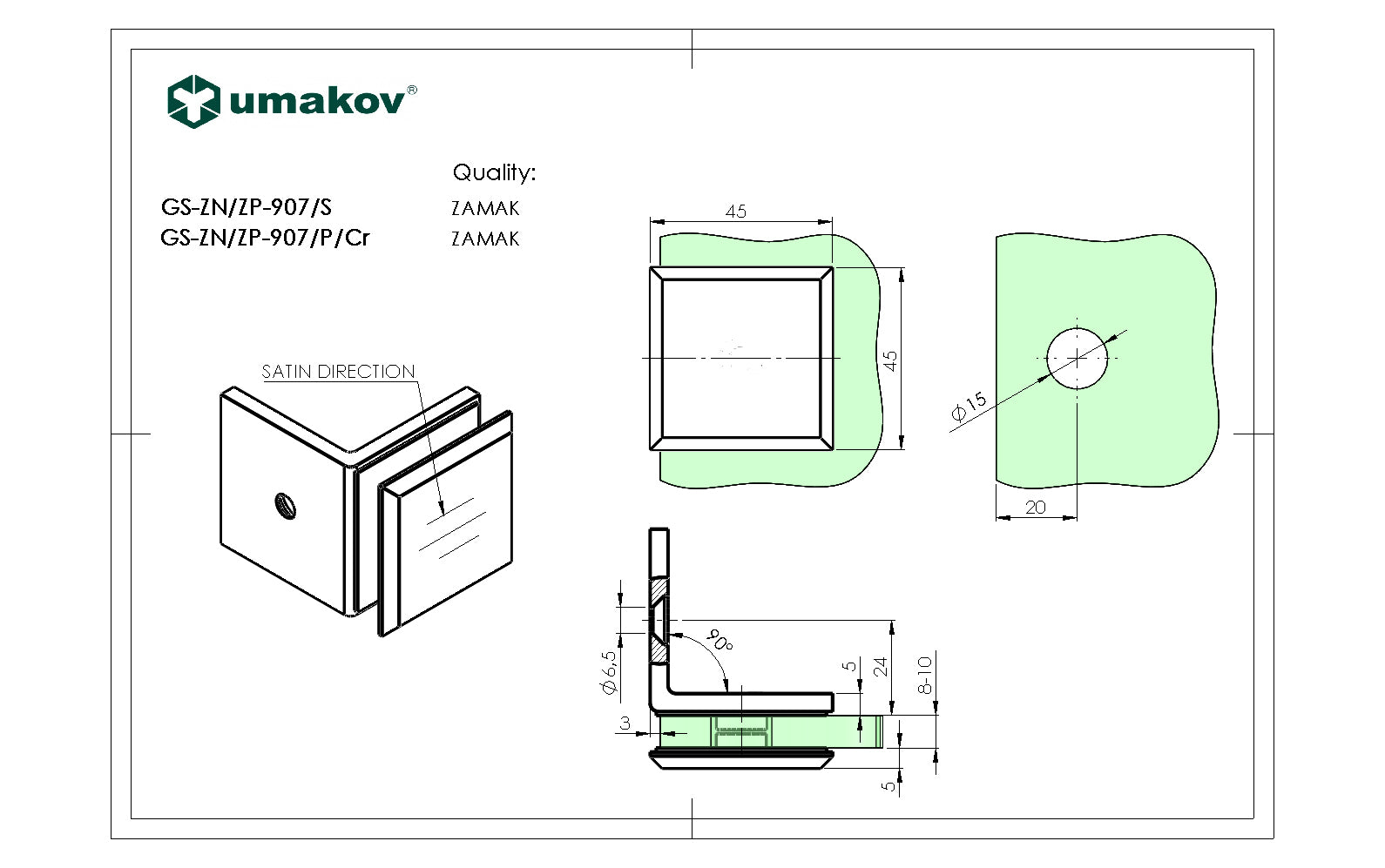 Pont üvegtartó, Zamak, 90°, T 8-10 mm