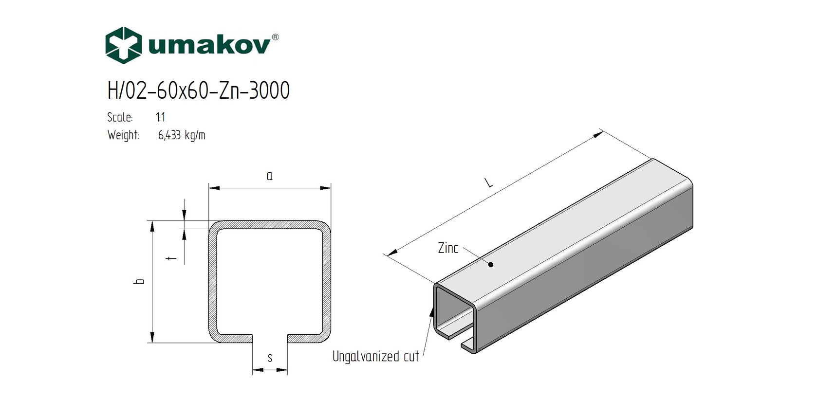 Úszókapu C-profil, horganyzott, 60x60x4 mm, L 3m