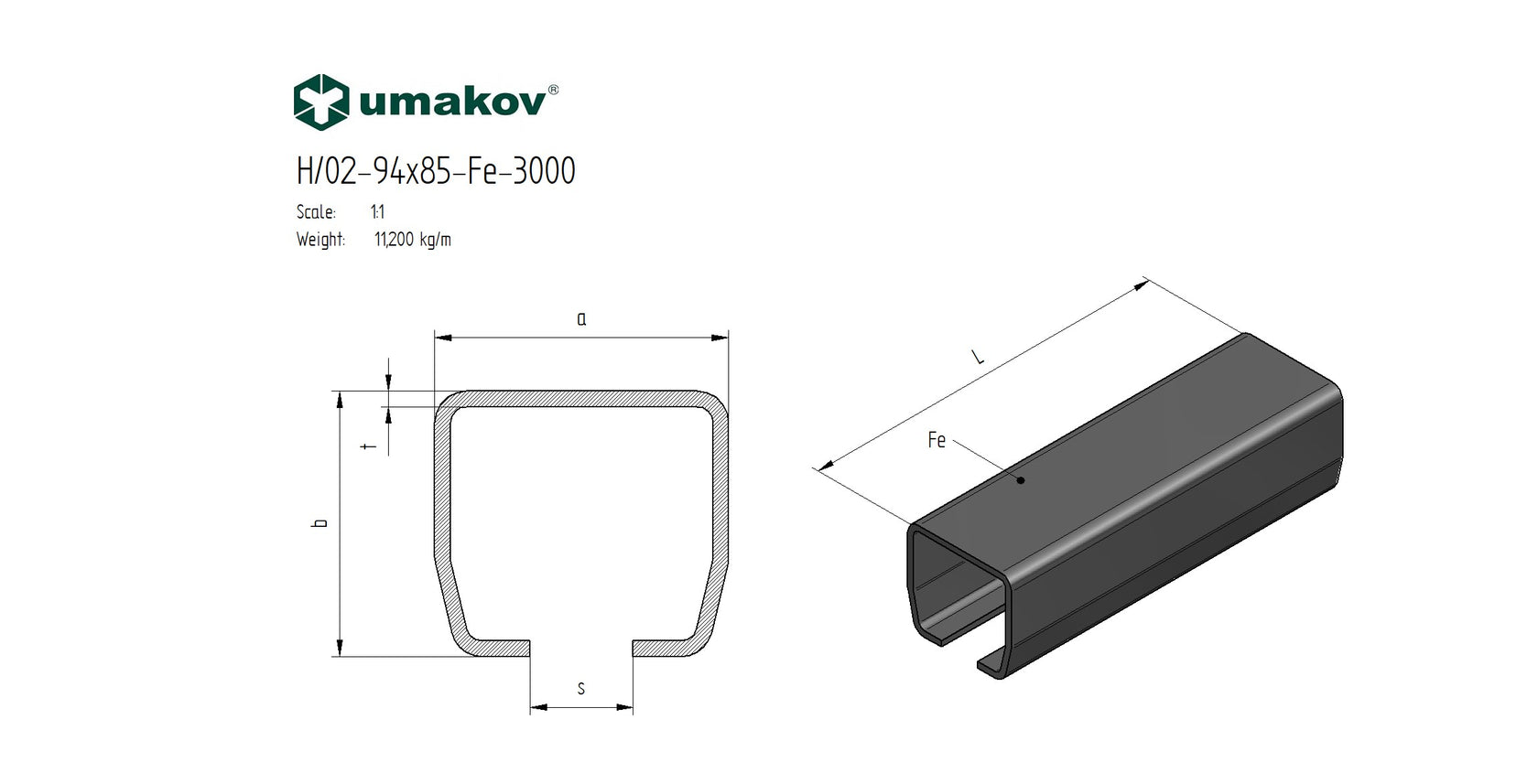 Úszókapu C-profil, szénacél, 94x85x5 mm, L 3m