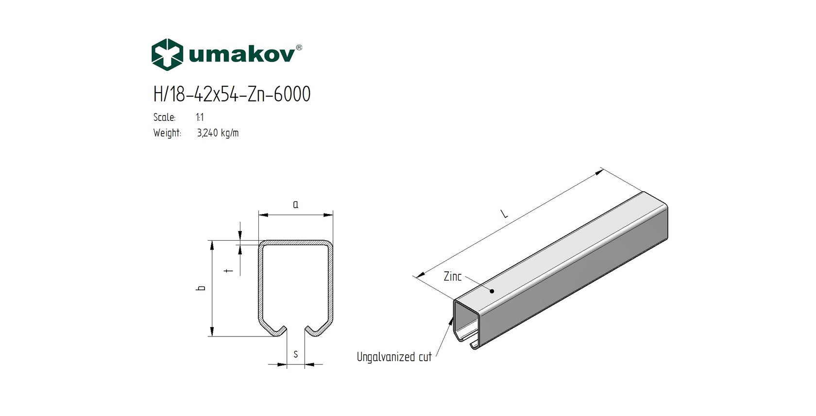 Függőkapu sín, Zn, 42x54x2,5mm, L6m