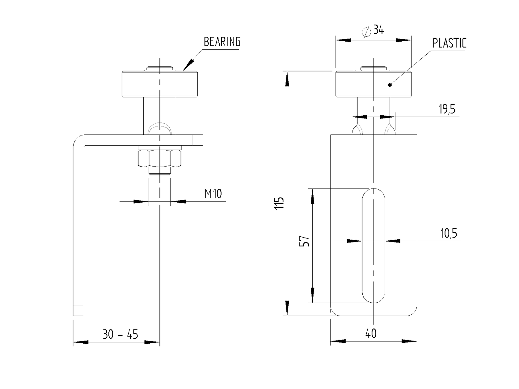 Nilon bevonatos támasztógörgő-konzolon H115mm, B40