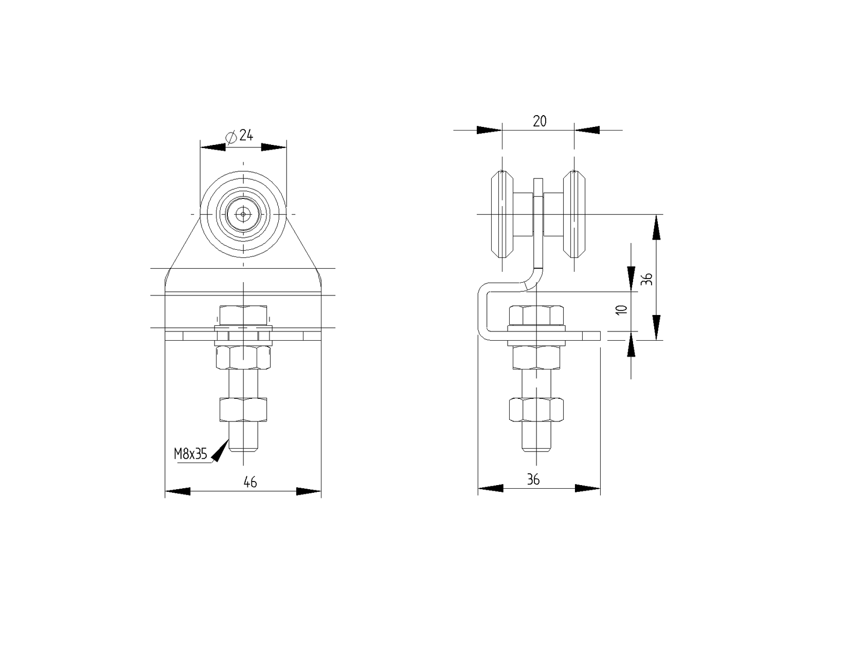 Függőkapu görgő (2x1), Zn, 33x34 mm sínhez