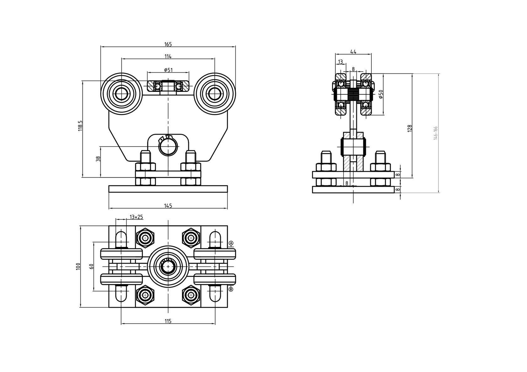Rozsdam. görgőcsoport úszókapuhoz, AISI 304 60x60