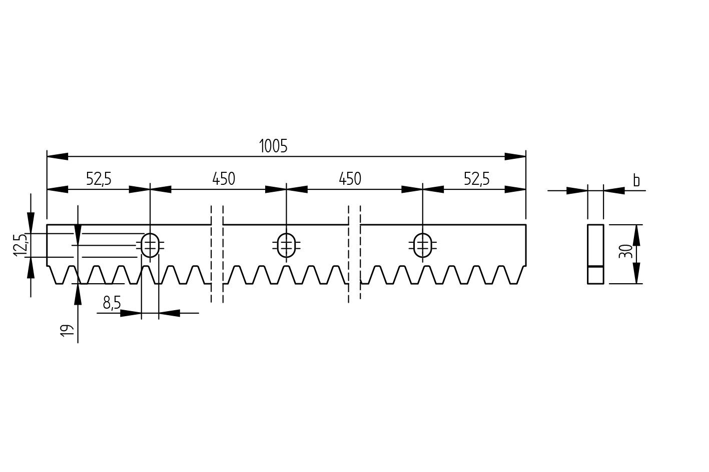 Horganyzot acél fogasléc, 30x8mm, L1m, max 1200kg