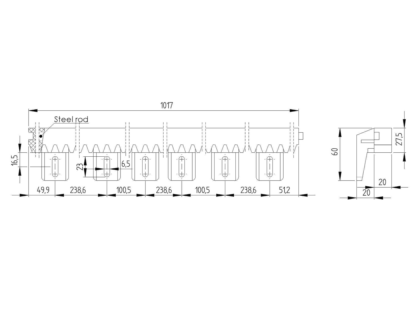 PVC-acélmagos fogasléc,27x20mm,L1m,max 700kg