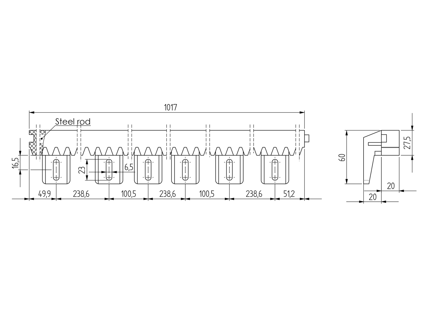 PVC-acélmagos  fogasléc, 27x20mm,L1m,max 700kg