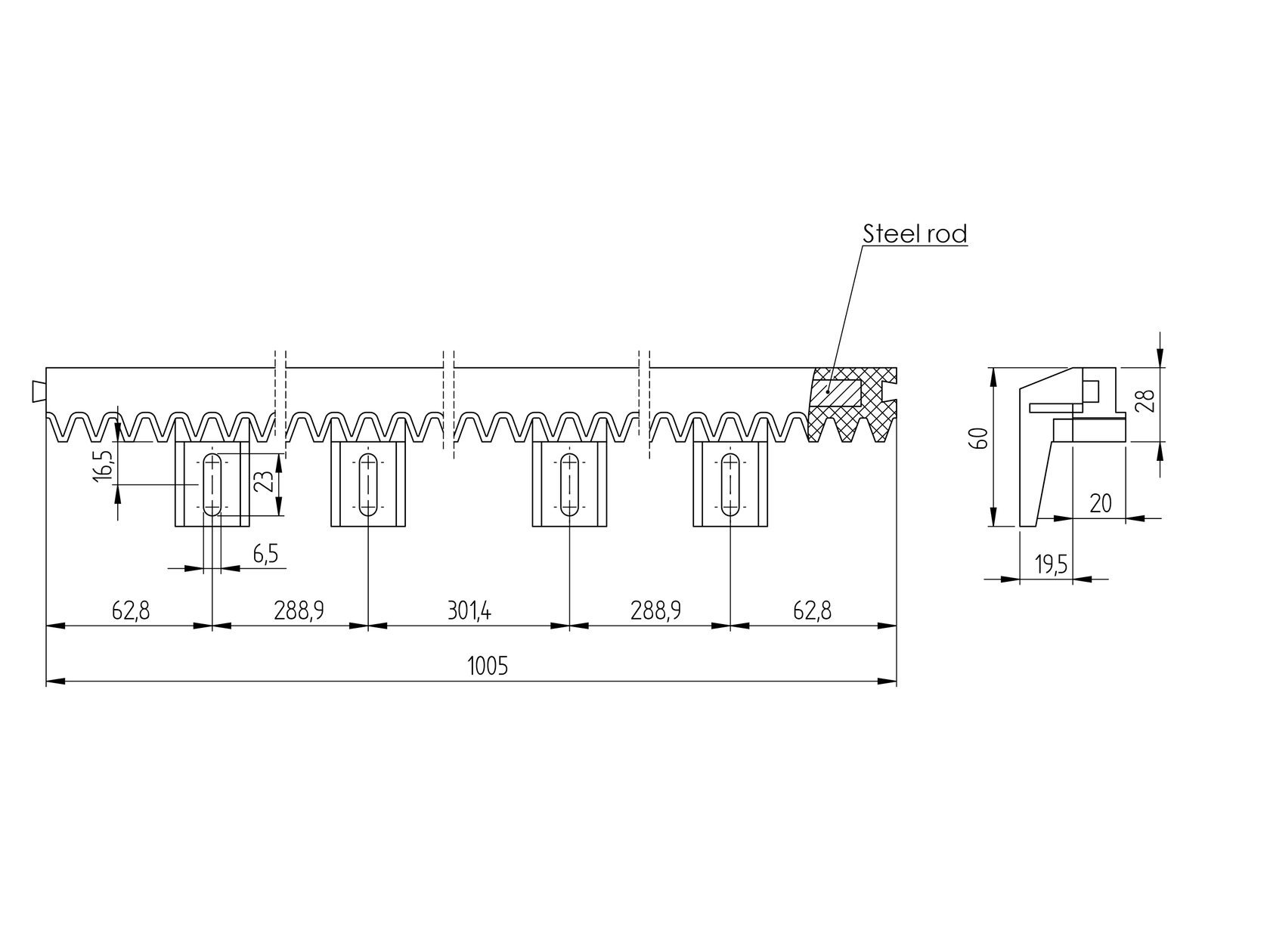 PVC-acélmagos  fogasléc, 27x20mm,L 1+1m,max 300kg