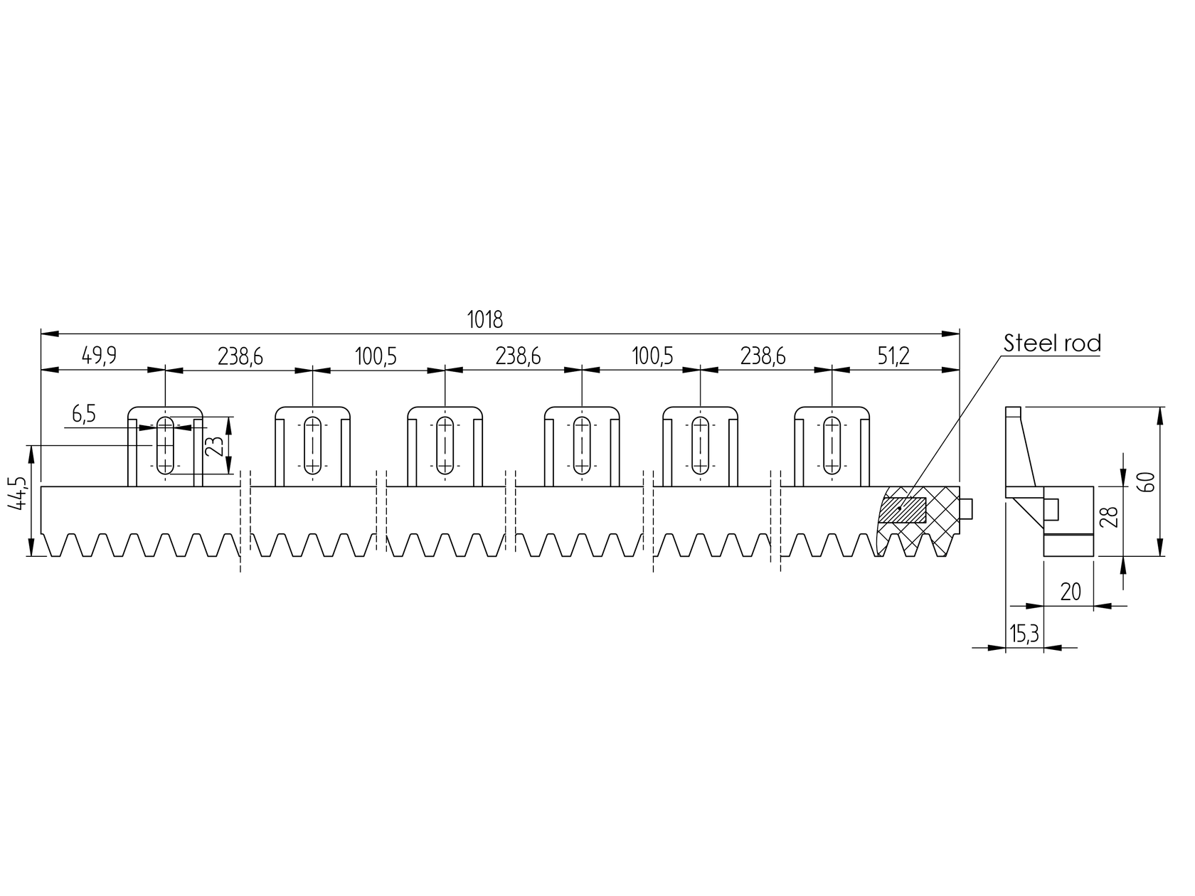 PVC-acélmagos fogasléc, 27x18mm,L1m,max 700kg