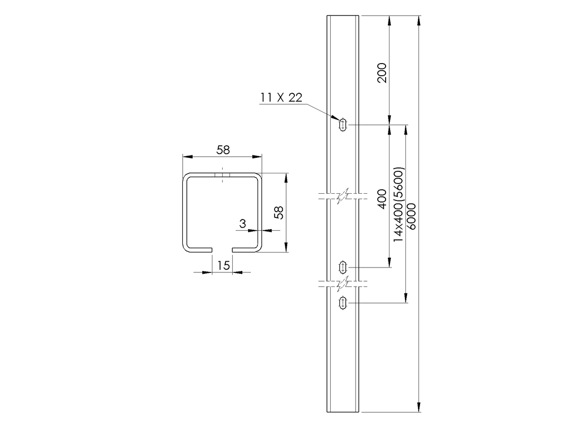 Profil vodiaci s otvormi Zn, 58x58x3mm, L6m