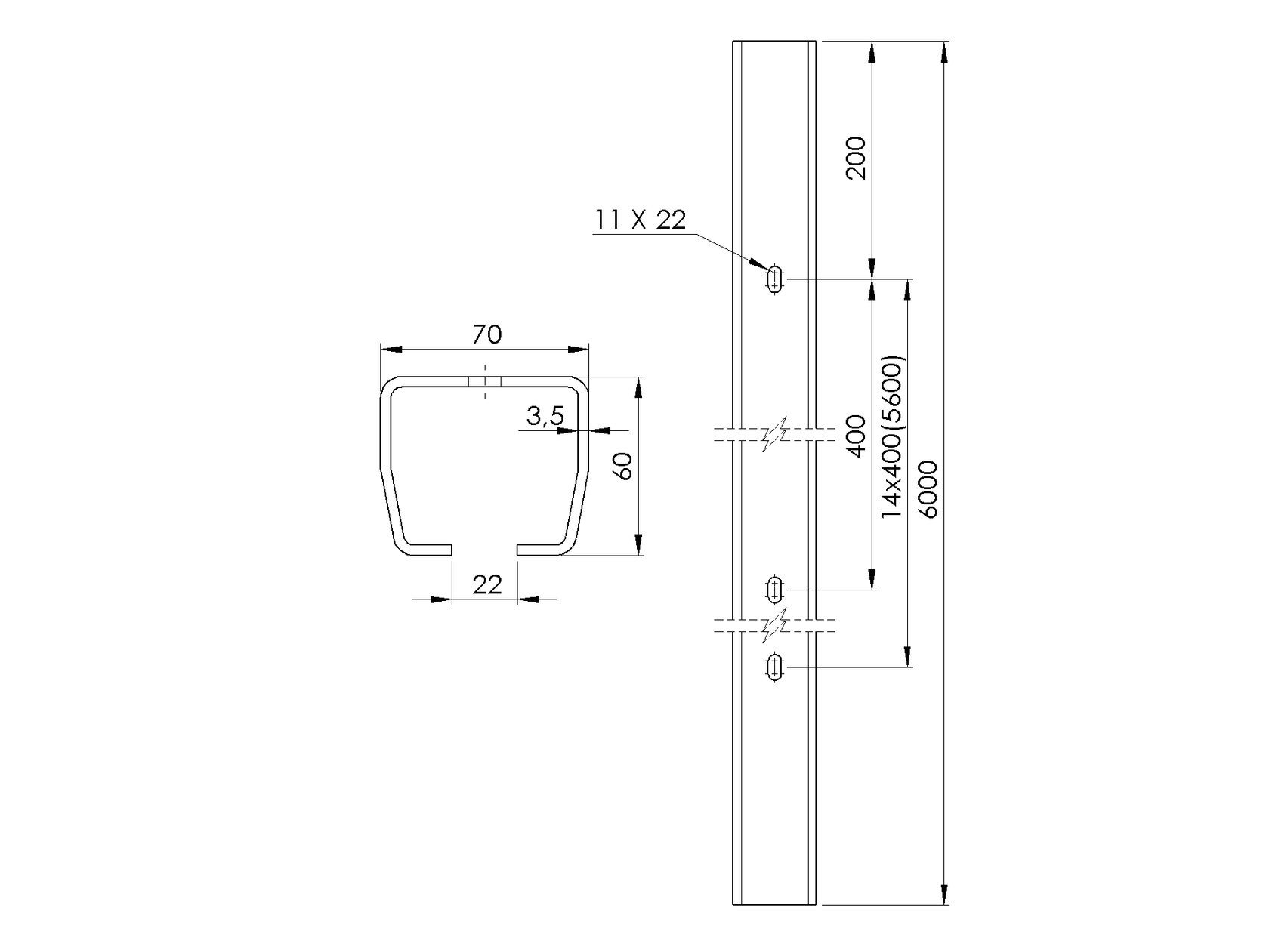 Lyukakkal ellátott vezetőprofil Zn, 70x60x3,5mm, L6m