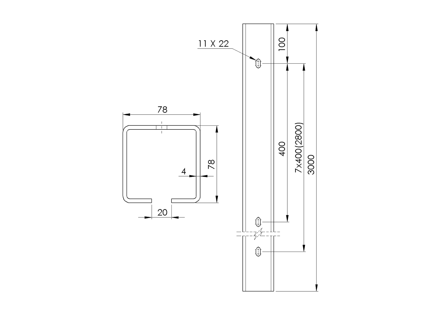 Lyukakkal ellátott vezetőprofil Zn, 78x78x4mm, L3m