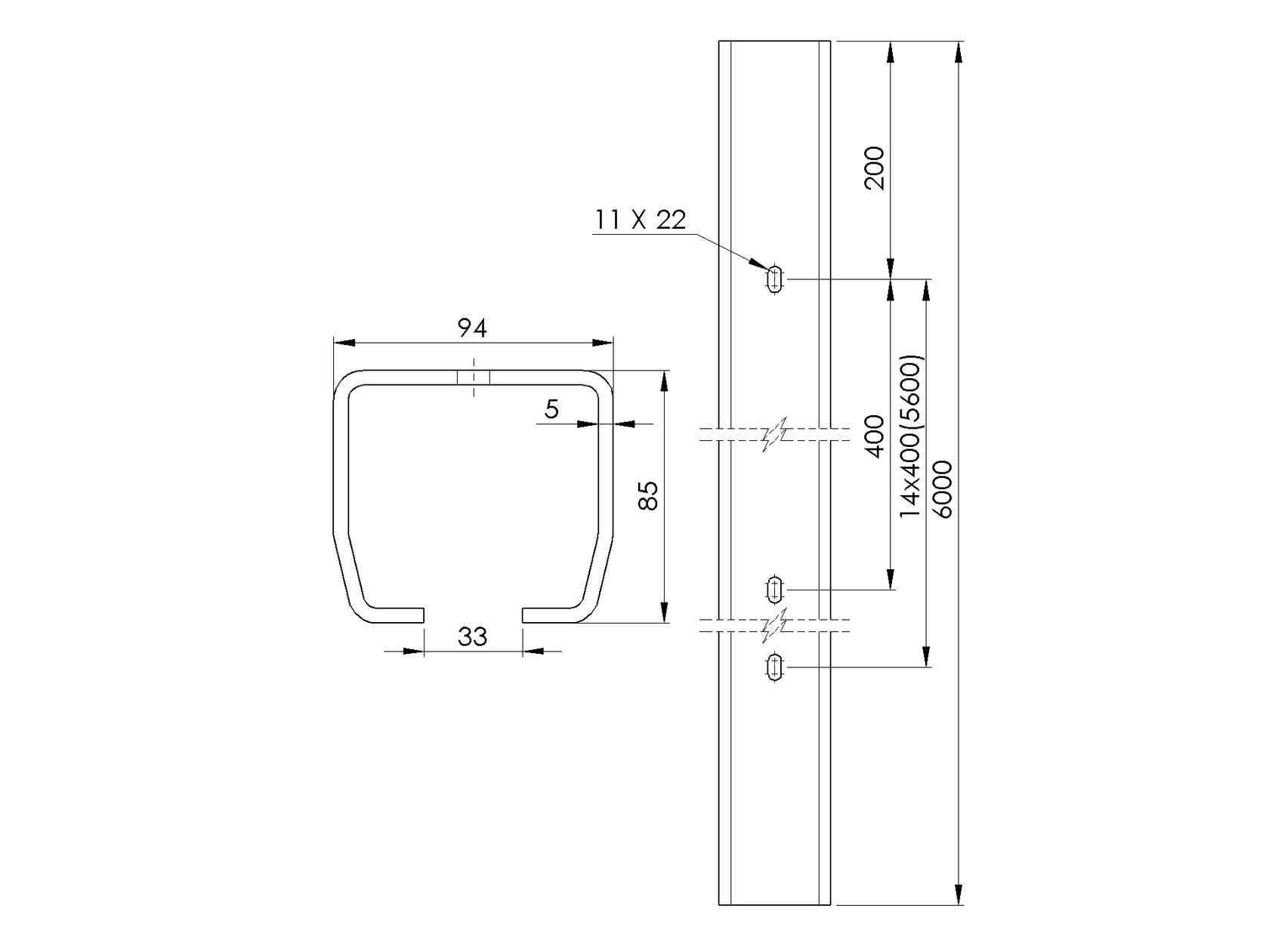 Lyukakkal ellátott vezetőprofil Zn, 94x85x5mm, L6m