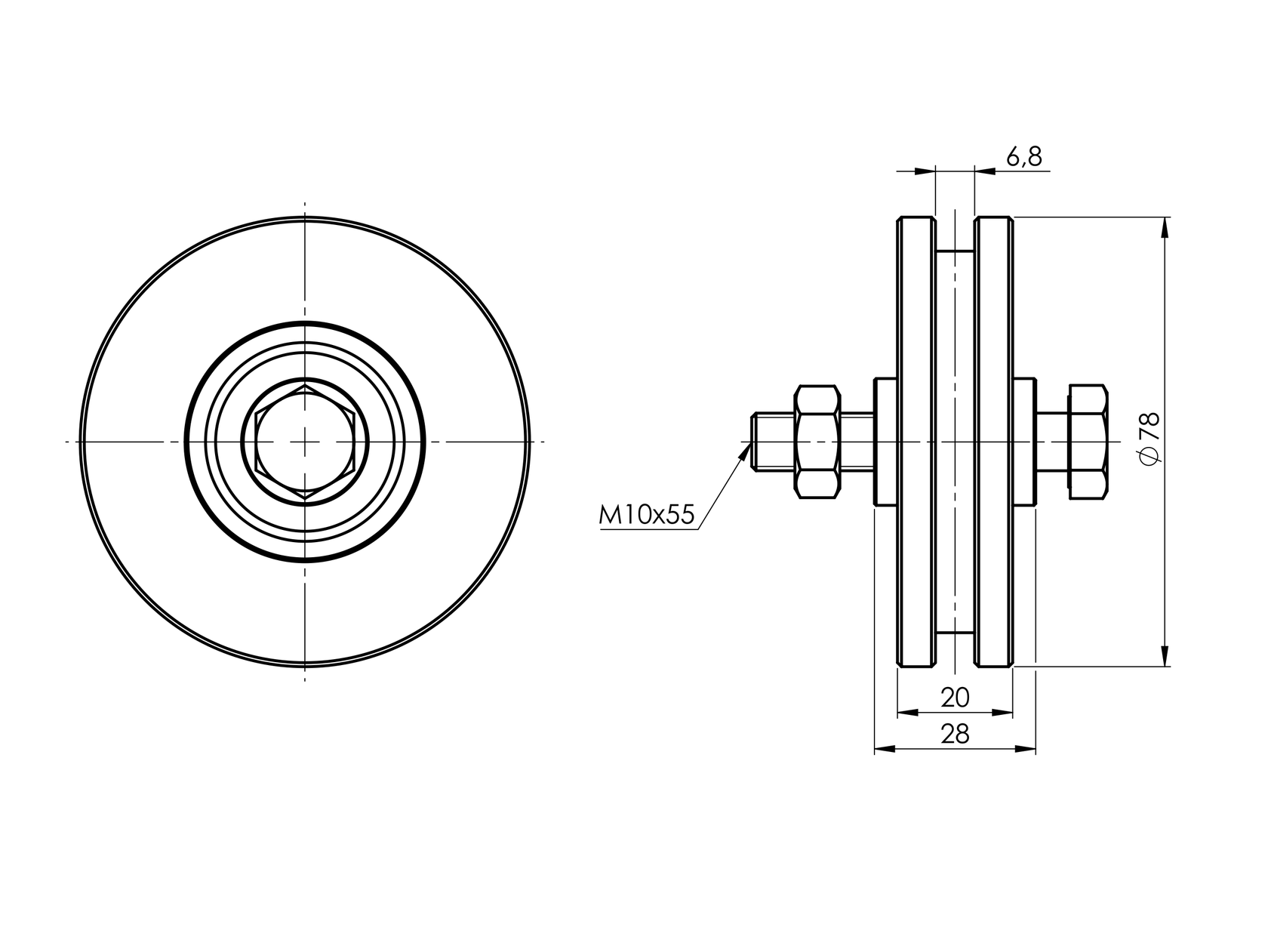 Tolókapu görgő-H, Zn, D80mm