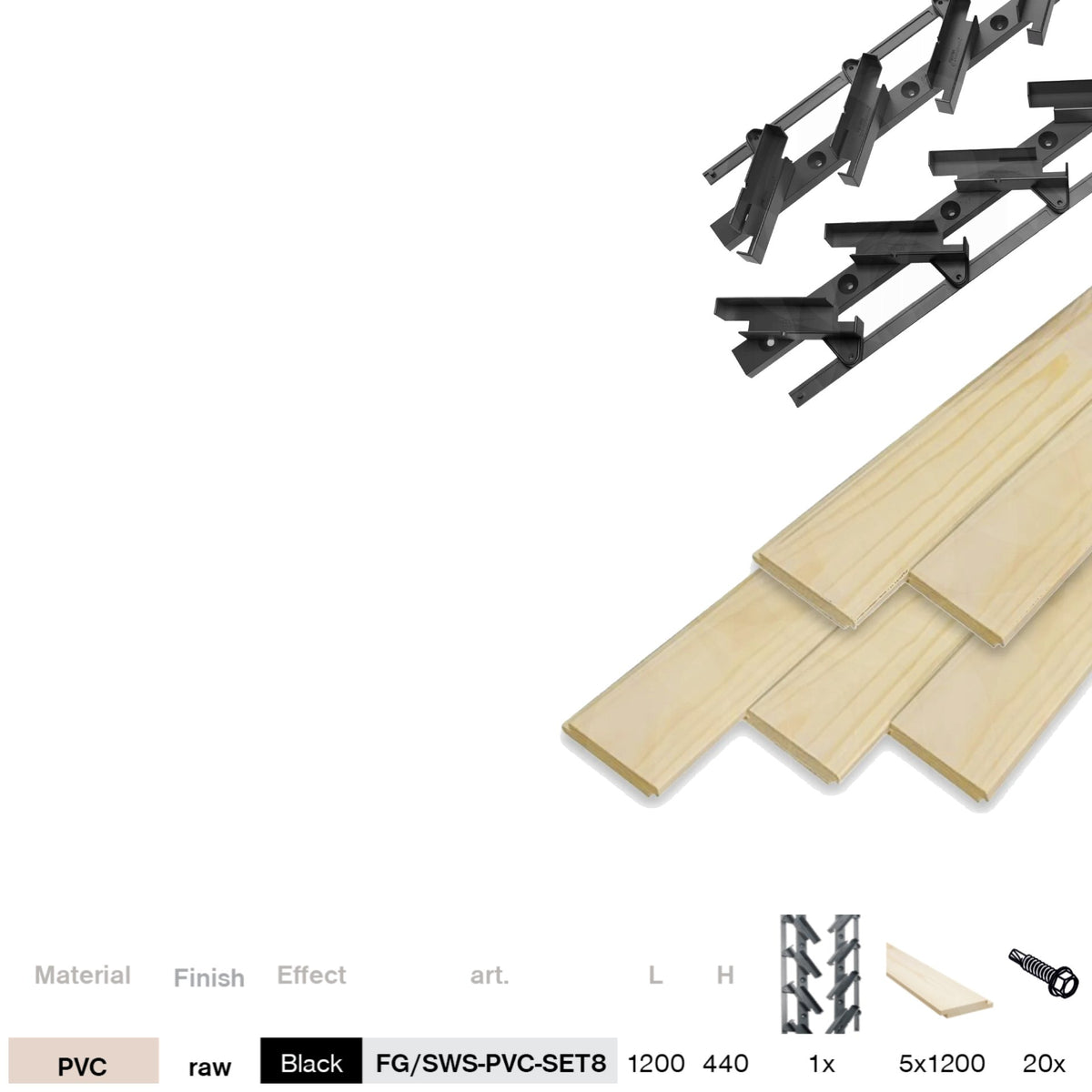 Set čierny plastový horizontálny naklápací systém 0,44 m s 1,2 m drevenou borovicovou výplňou 19x95