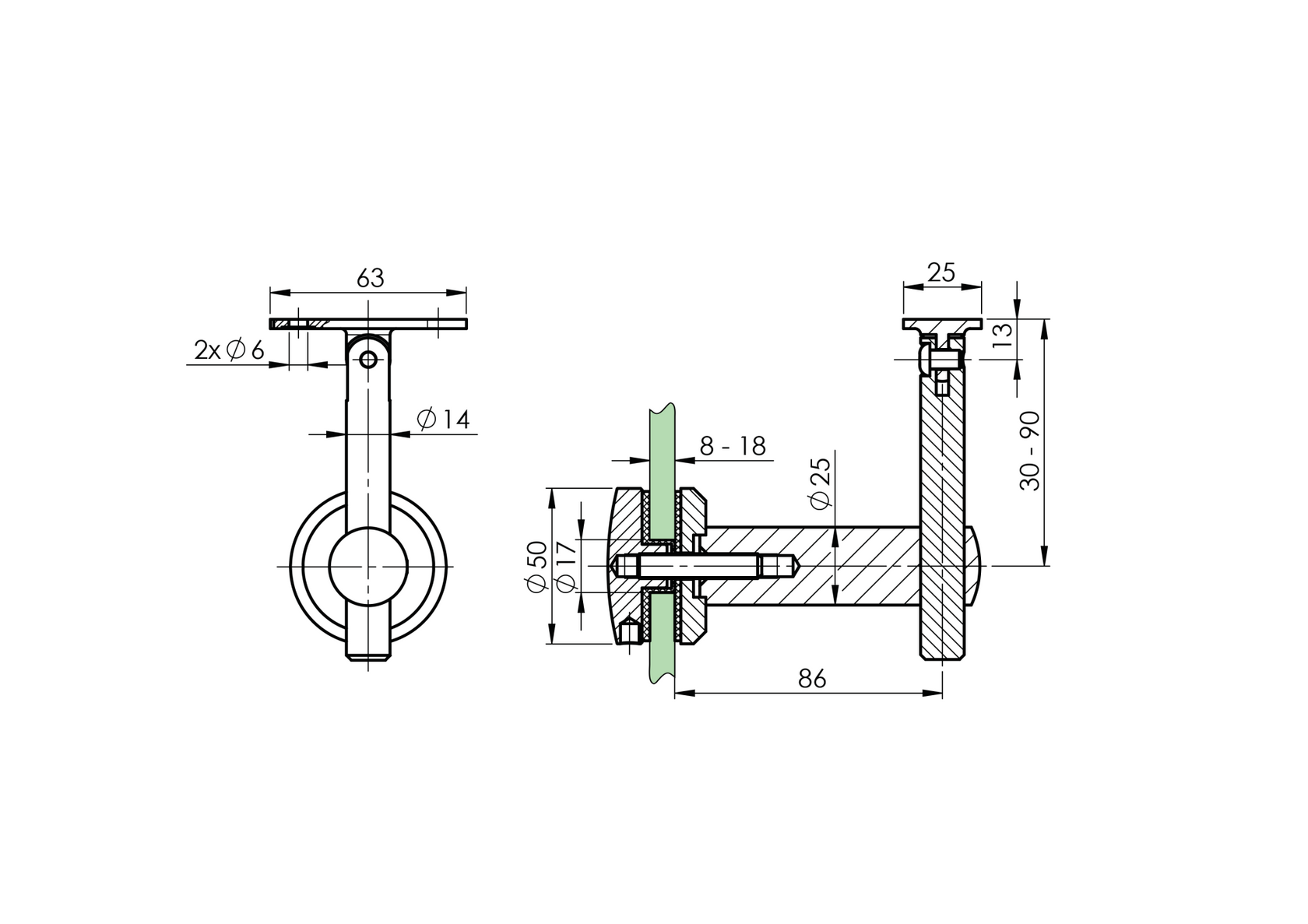 Állítható szögletkapaszkodótartó üvegre  AISI 304