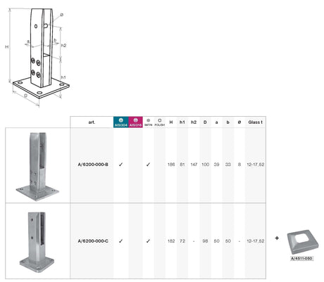 Spigot mini oszlop vonalmenti üvegkorláthoz