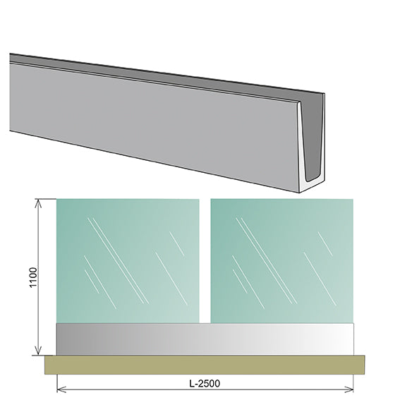 Vonalmenti üvegkorlát-teljes garnitúra H=1m/L=2,5m