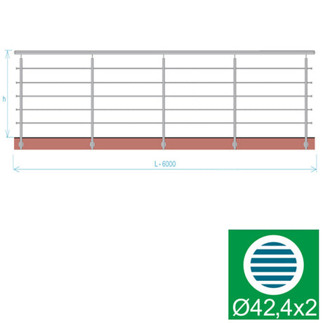 Rozsdamentes pálcás korlát, L: 6000 mm