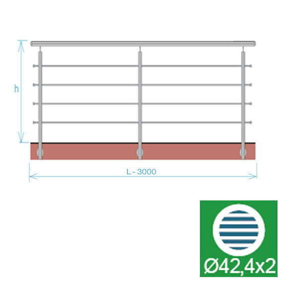 Rozsdamentes pálcás korlát, L: 3000 mm
