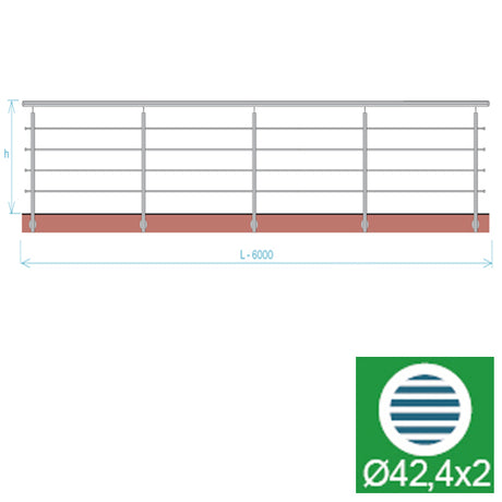 Rozsdamentes pálcás korlát, L: 6000 mm