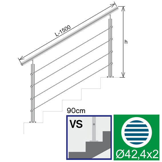 Rozsdamentes sodronyos lépcsőkorlát szett -1500 mm