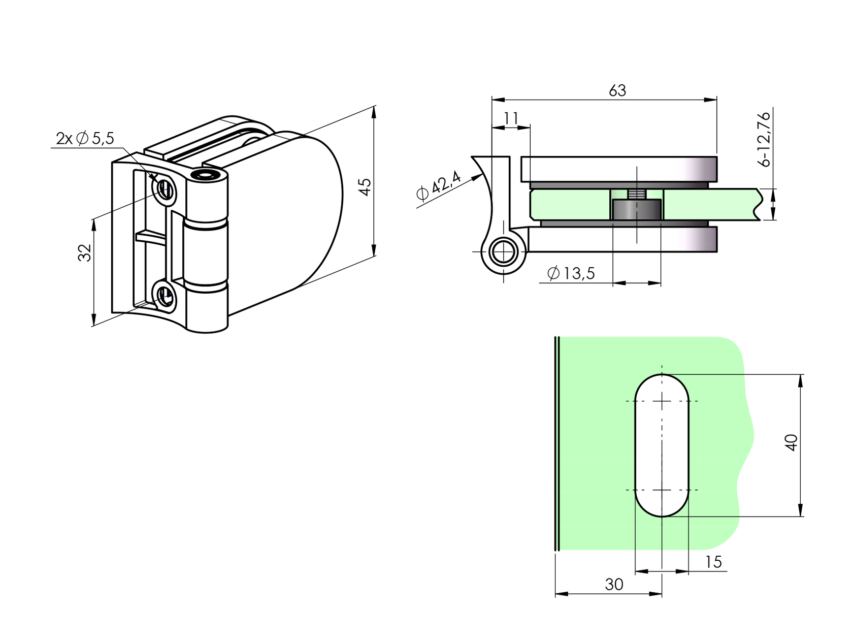 Üvegmegfogó zsanér körszelvényre
