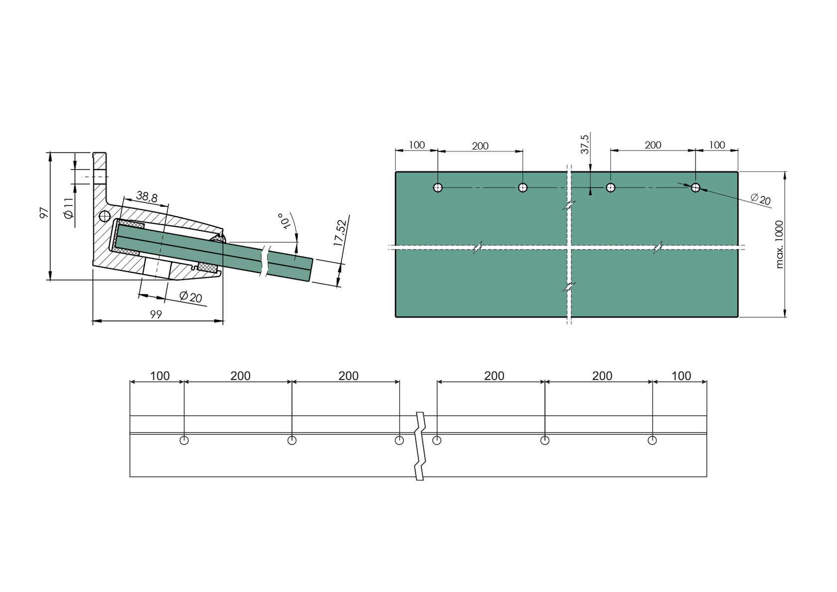 Alumínium profil üveg előtetőhöz /+10°/