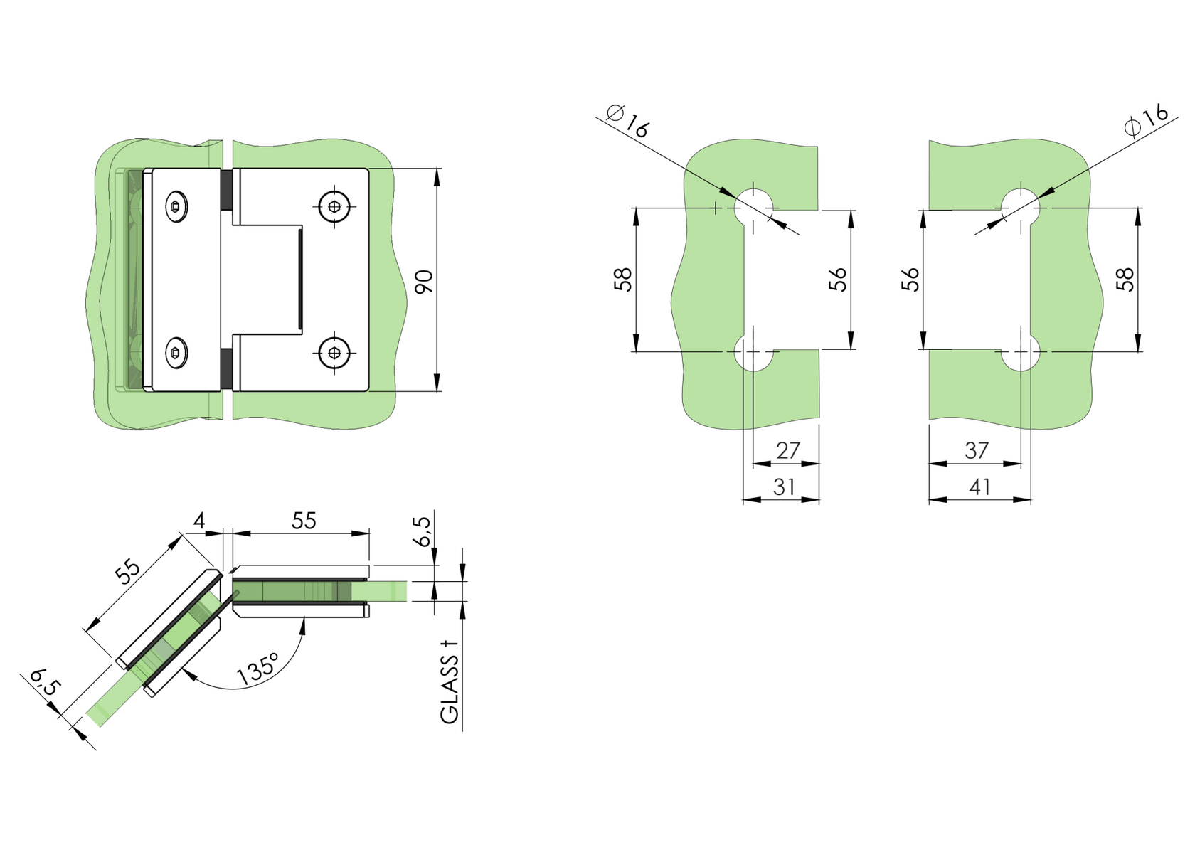 Rozsdamentes zsanér üvegajtóra/üvegfalra 135°-ba
