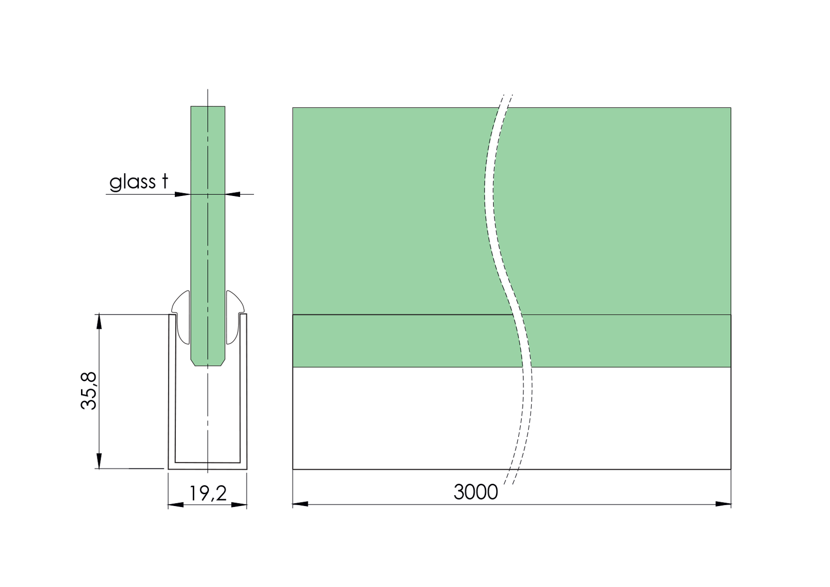 Alumínium eloxált U profil 36x19x1,5mm
