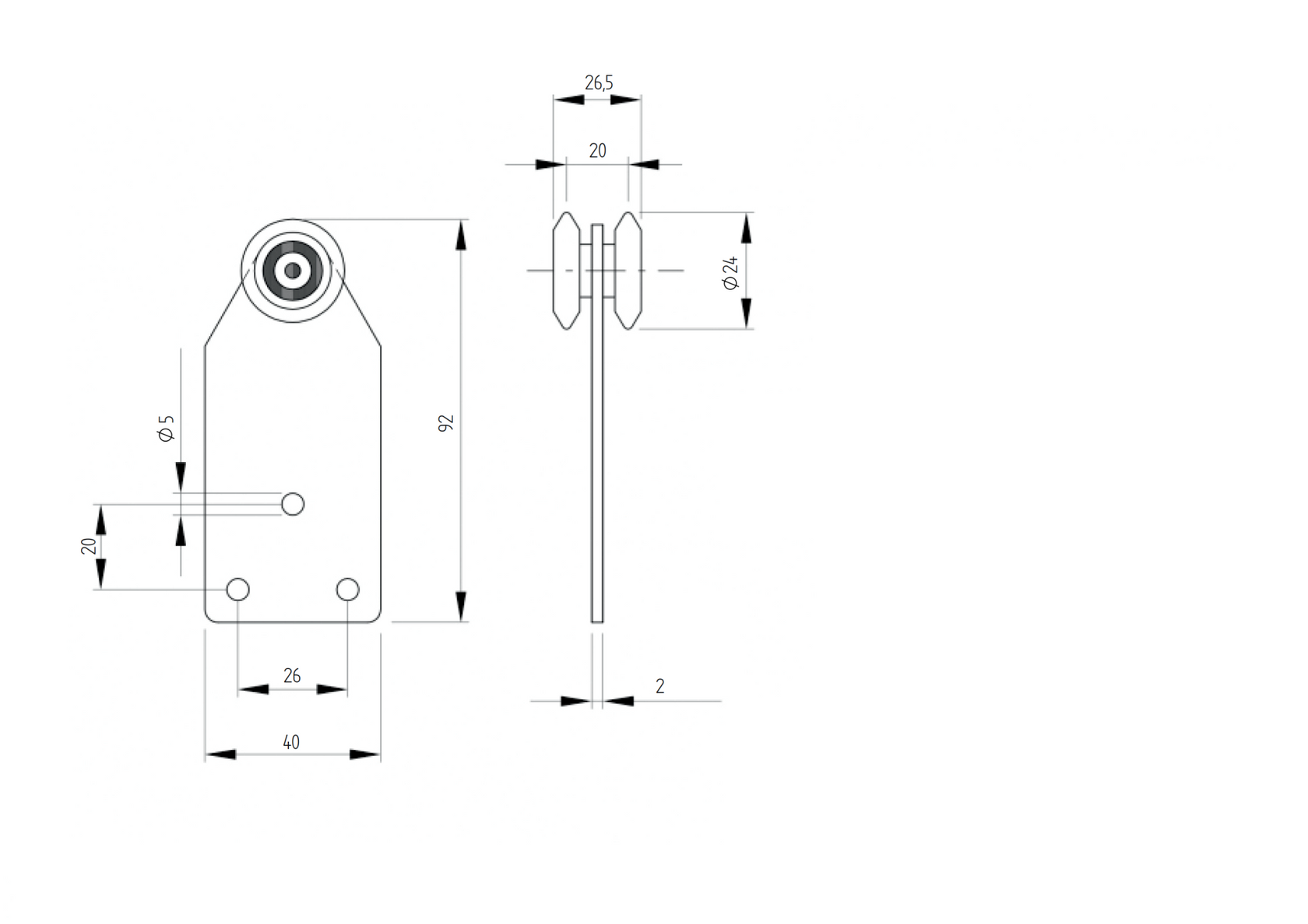 Függőkapu görgő, acéllemezzel, 33x34 mm sínhez