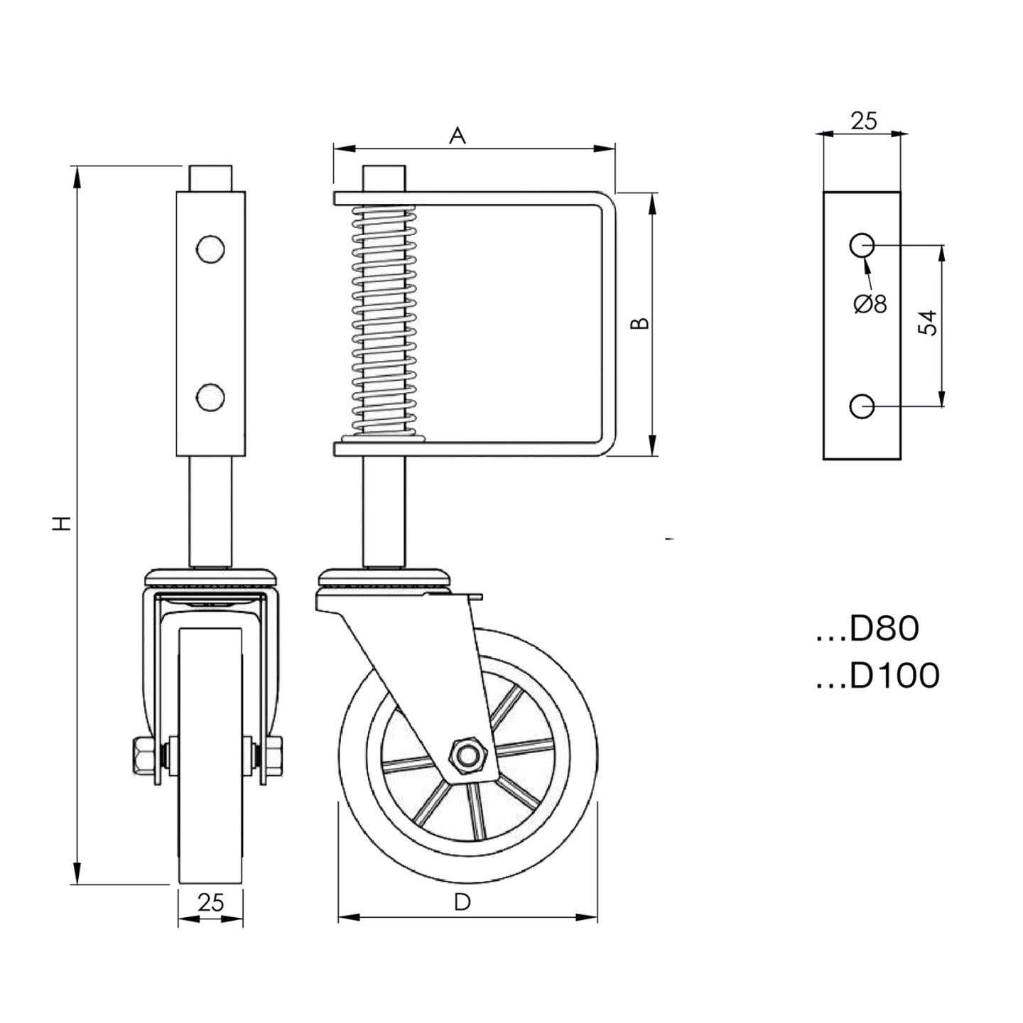 Lengőkapu alsó kerék, rugóval